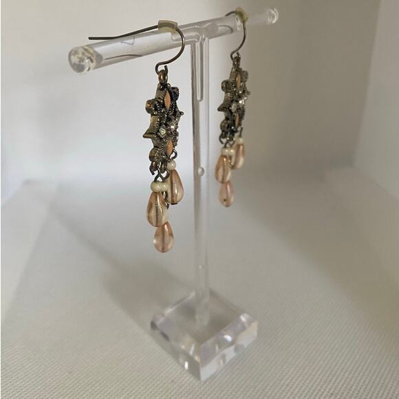 Vintage Chandelier Dangle Earrings Filigree Peach Teardrop Rhinestones Boho Glam - Picture 7 of 16